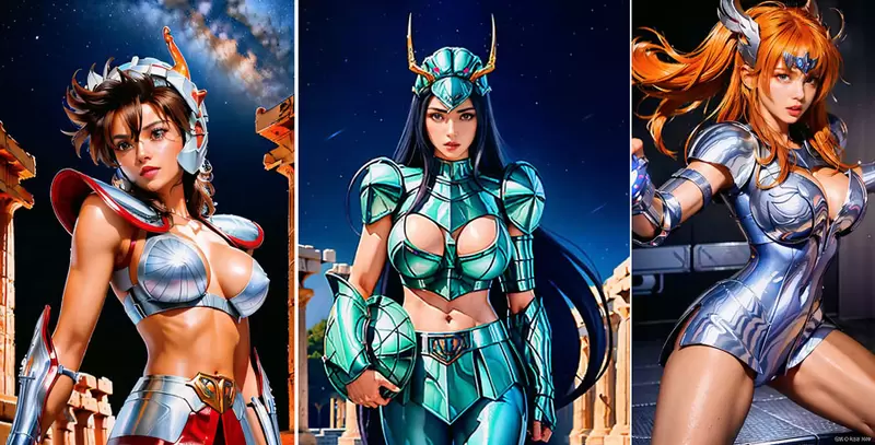 让AI表现出《圣斗士少女队》的感觉，这乳量大到圣衣都快要包不住了啦(笑)