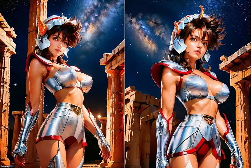 让AI表现出《圣斗士少女队》的感觉，这乳量大到圣衣都快要包不住了啦(笑)