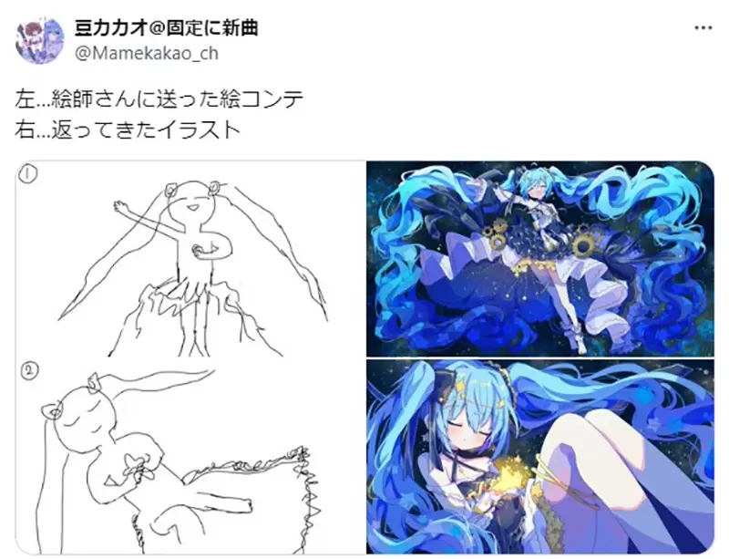 《委托画师画初音未来》新曲MV插画引发话题左边的草稿竟然可以变成右边的作品