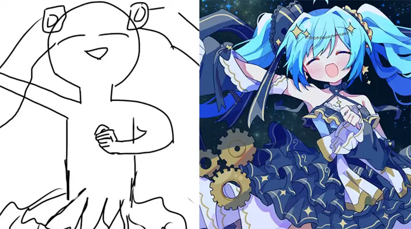 《委托画师画初音未来》新曲MV插画引发话题左边的草稿竟然可以变成右边的作品