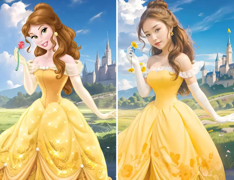 让AI表现出《迪士尼公主真人版》的感觉来人啊！快来给仙杜瑞拉一双玻璃鞋