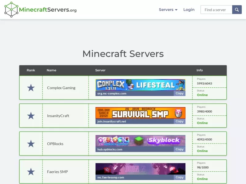 Minecraft Servers 网站预览截图