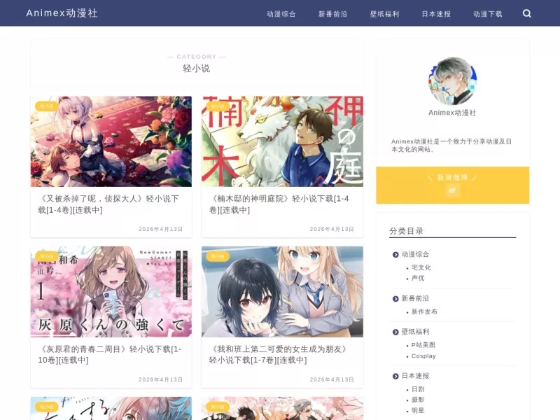 Animex轻小说 网站预览截图
