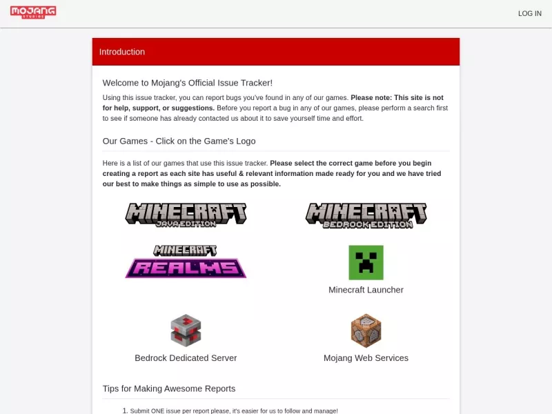 Bugs Mojang 网站预览截图
