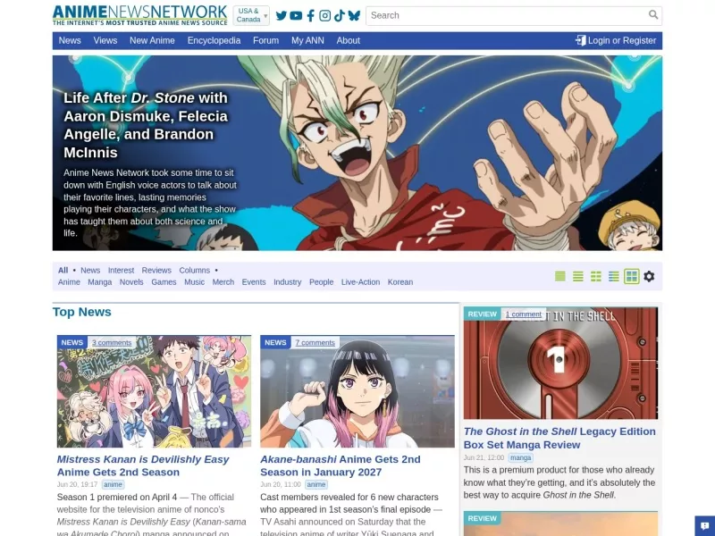 Anime News Network 网站预览截图