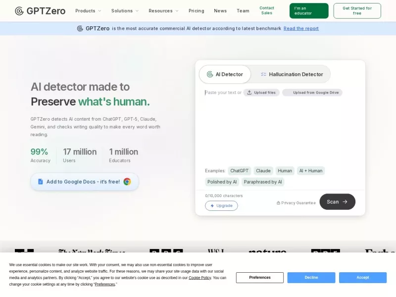 GPTZero 网站预览截图