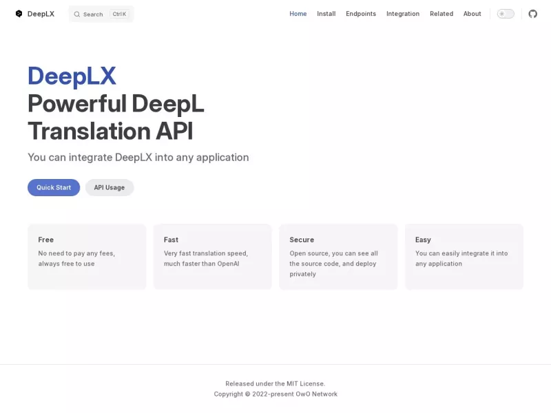 DeepLX 网站预览截图