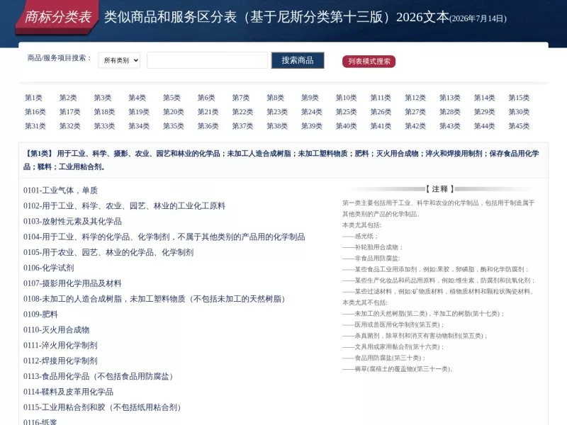 商标分类 网站预览截图