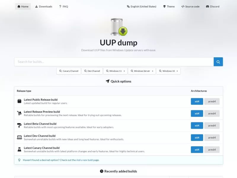 UUP dump 网站预览截图