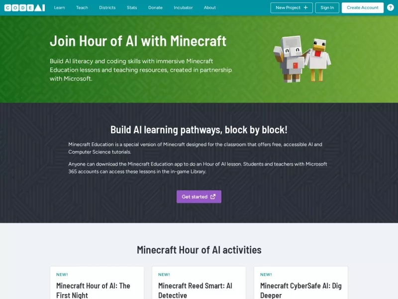 Minecraft Hour of Code activities 网站预览截图