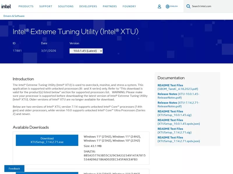 Intel XTU超频工具 网站预览截图