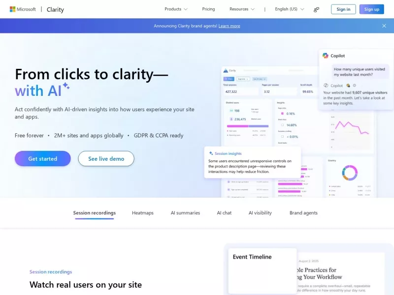 Microsoft Clarity 网站预览截图