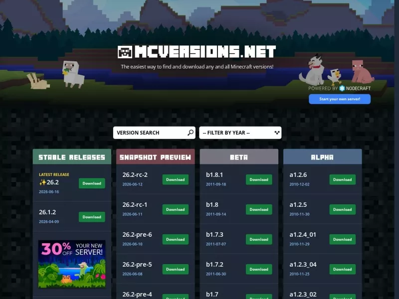 MCVersions 网站预览截图